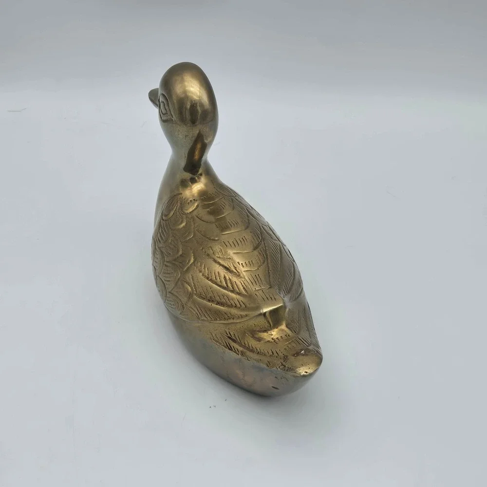 Vintage Solid Brass Duck Figurine Sculpture Detailed Feathers Warm Patina 6.5